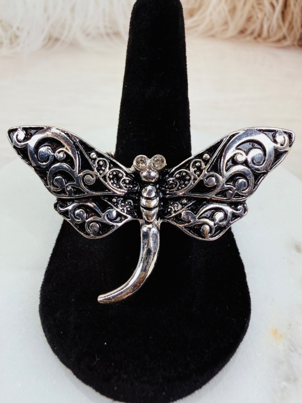 Vintage Silver Tone Ornate Dragonfly Adjustable Statement Ring Size 7